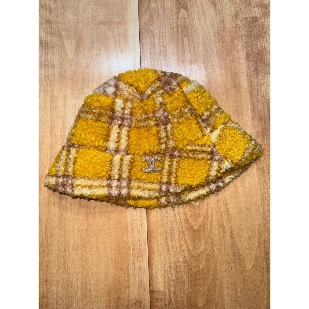 KJB Yellow Plaid Sherpa Bucket Hat Rhinestone Logo Crystal Embellished Fuzzy Hat